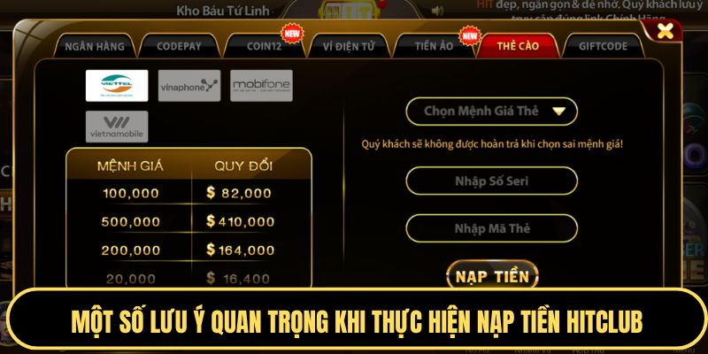 Một số lưu ý khi tiến hành nạp tiền tại Hitclub